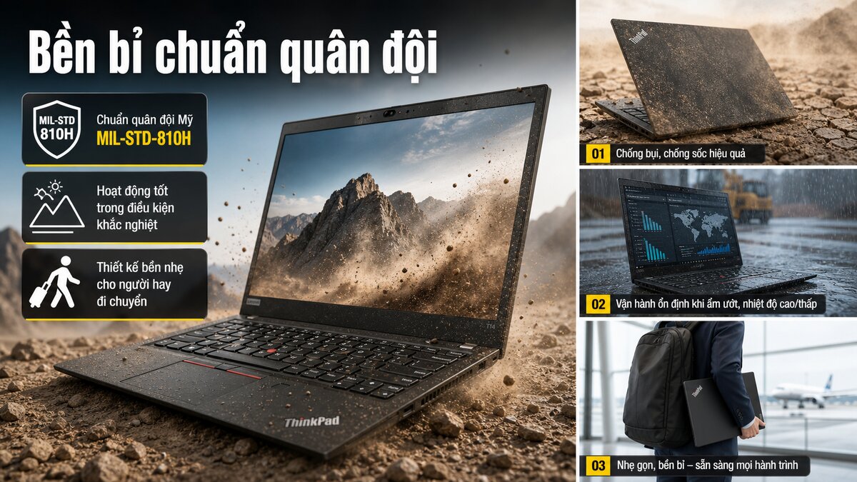 Laptop Lenovo ThinkPad T14 đạt chuẩn độ bền MIL-STD-810H trong môi trường khắc nghiệt.