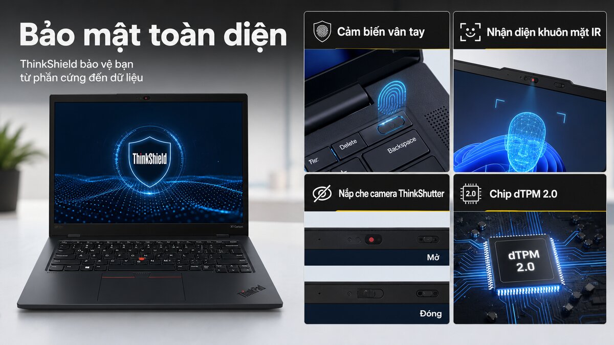 Hệ thống bảo mật ThinkShield trên Lenovo ThinkPad với vân tay, IR và ThinkShutter.