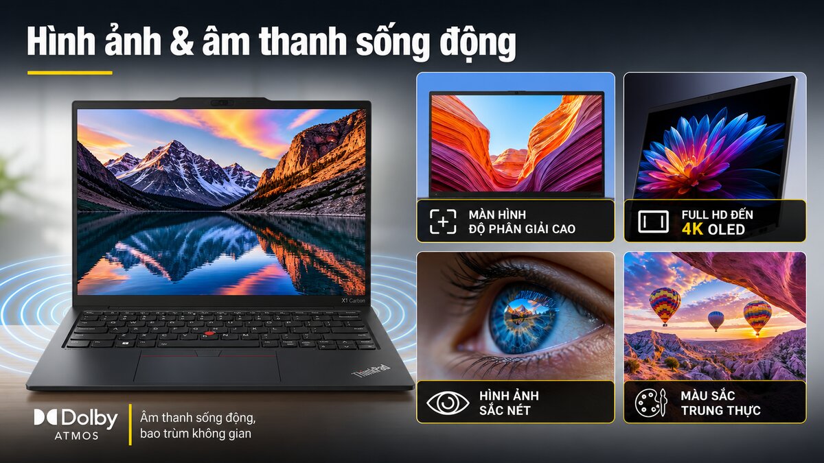 Màn hình và âm thanh trên Lenovo ThinkPad cho trải nghiệm hiển thị rõ nét và nghe nhìn tốt.