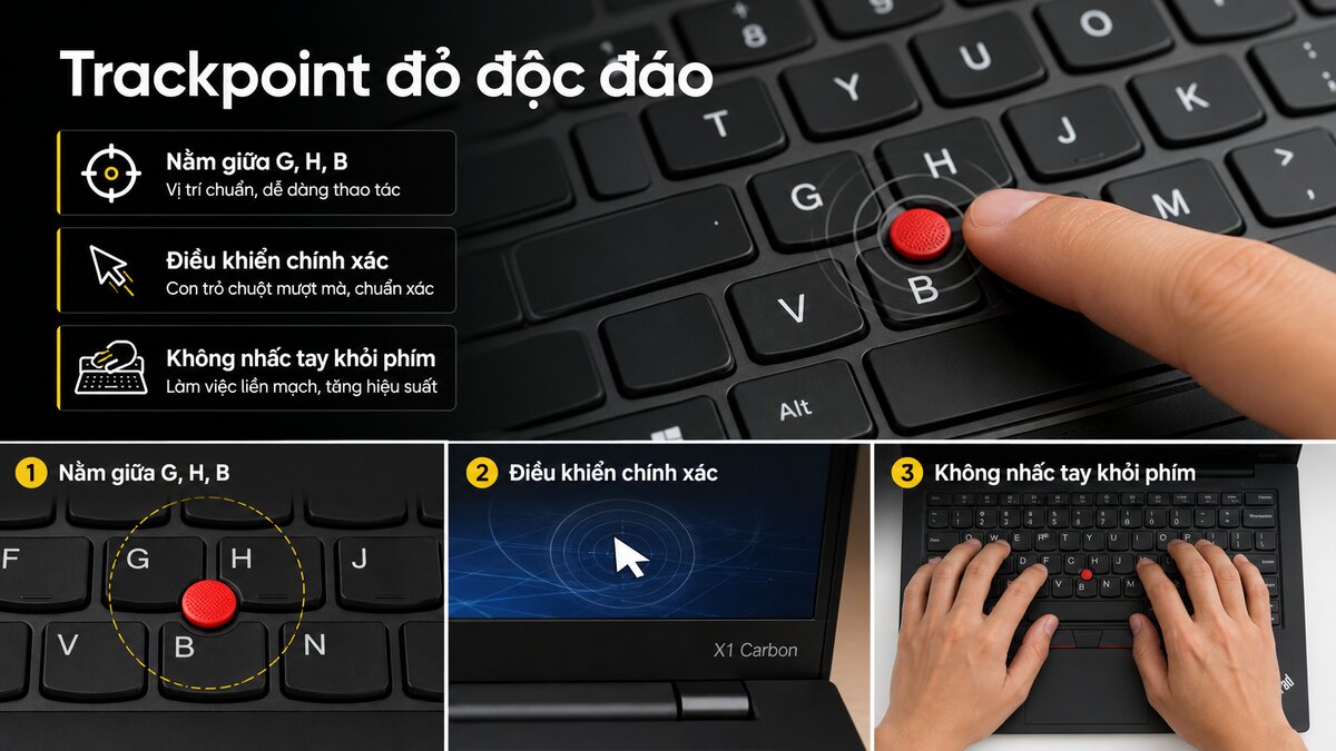 TrackPoint đỏ đặc trưng trên Lenovo ThinkPad giúp điều khiển con trỏ nhanh mà không rời tay khỏi bàn phím.