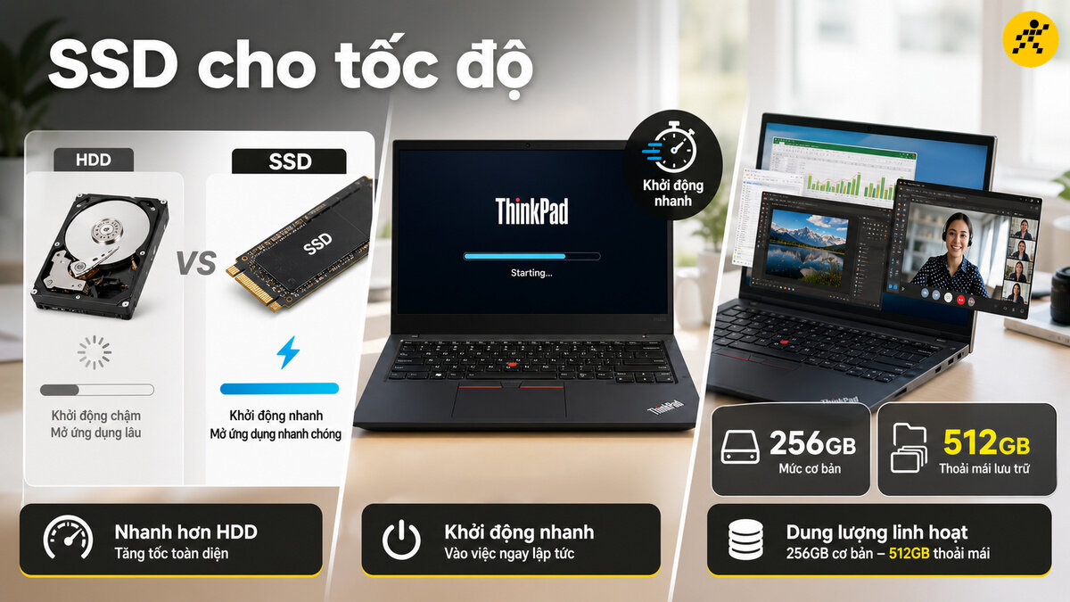 Ổ SSD trên Lenovo ThinkPad giúp khởi động nhanh và mở ứng dụng tức thì.