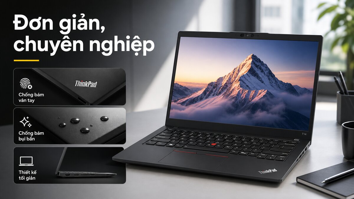 Thiết kế tối giản của Lenovo ThinkPad với tông đen mờ sang trọng và chuyên nghiệp.