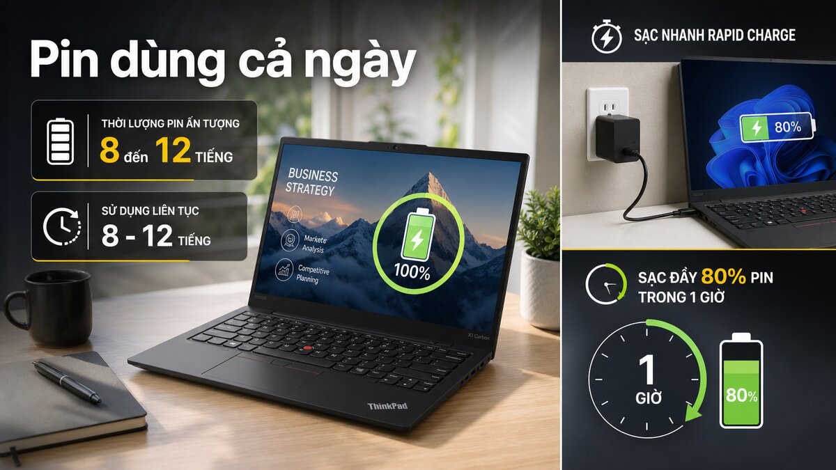 Lenovo ThinkPad có thời lượng pin dài và sạc nhanh cho cả ngày làm việc.