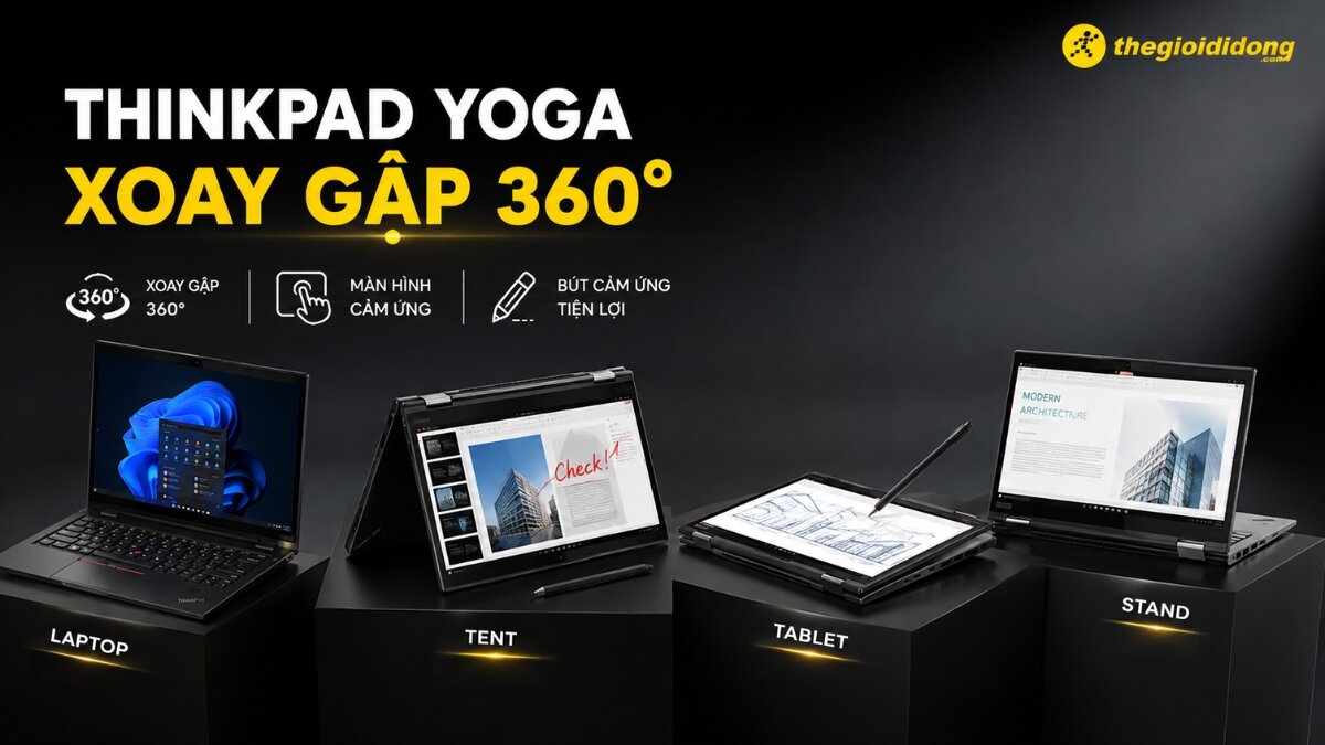 Lenovo ThinkPad Yoga xoay gập 360 độ, hỗ trợ cảm ứng và bút stylus.