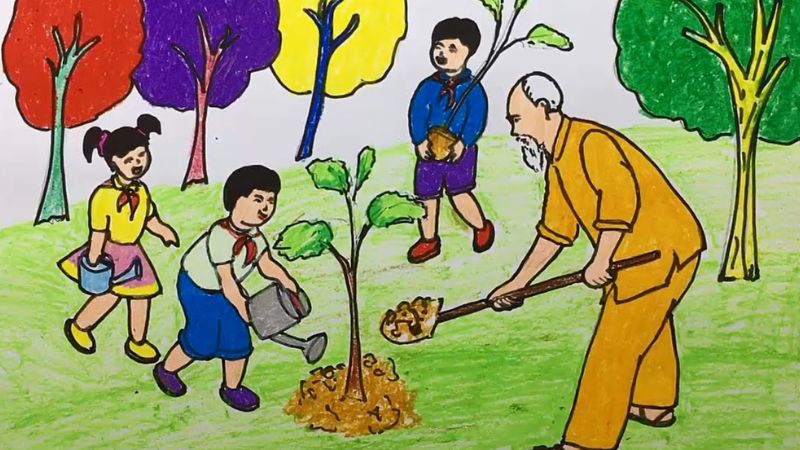 Tranh mẫu 7: chủ đề vẽ tranh trồng cây gây rừng