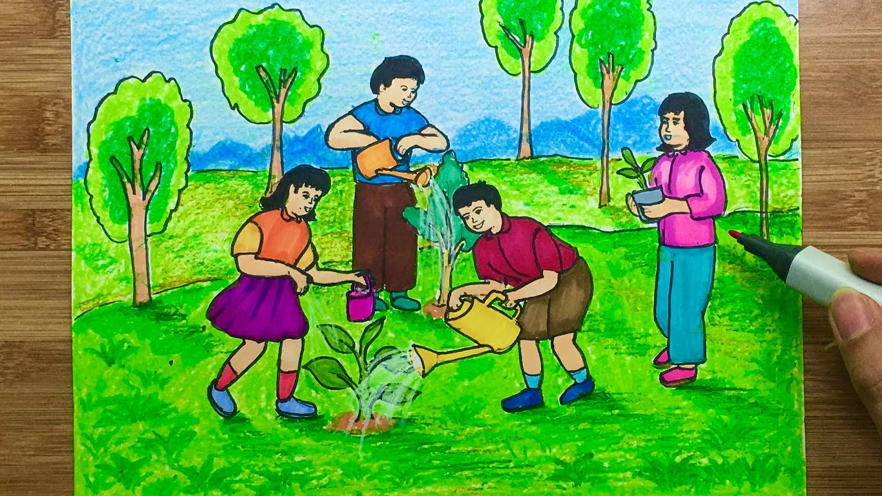 Tranh mẫu 9: chủ đề vẽ tranh trồng cây gây rừng