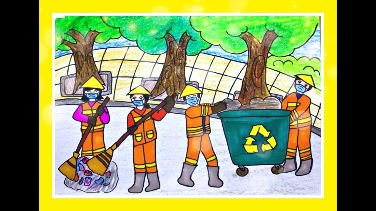 Tranh mẫu 1: Ý tưởng vẽ tranh với hình ảnh dọn dẹp đường phố