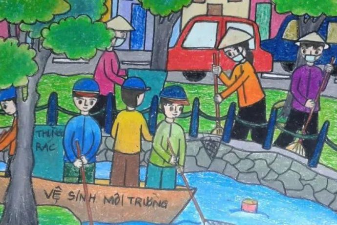 Tranh mẫu 2: Ý tưởng vẽ tranh với hình ảnh dọn dẹp đường phố
