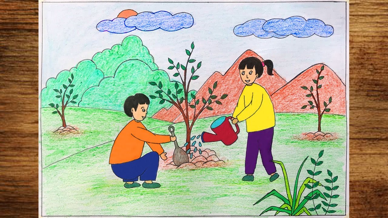 Tranh mẫu 1: chủ đề vẽ tranh trồng cây gây rừng