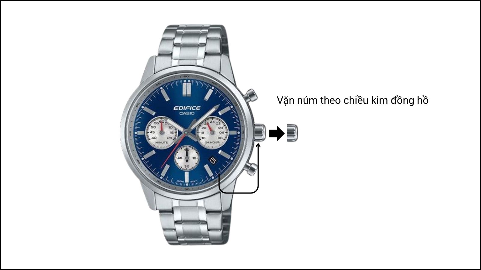 Vặn núm theo chiều kim đồng hồ để chỉnh ngày Vặn núm theo chiều kim đồng hồ để chỉnh ngày