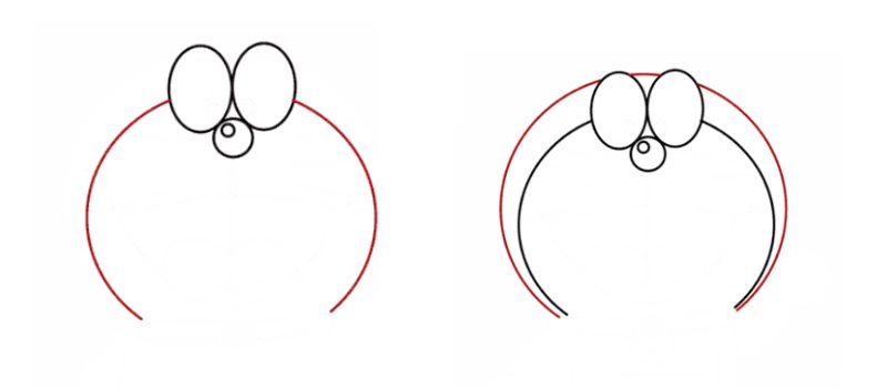 Từ đôi mắt, bé vẽ 2 vòng tròn song song nhau để phác hoạ đầu mèo máy.