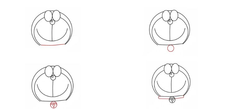 Vẽ vòng cổ có đeo chuông cho mèo máy để hoàn thành phần đầu.