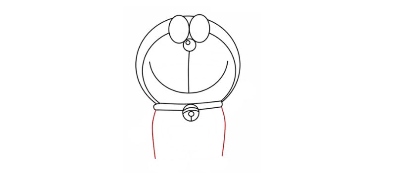 Từ hai bên vòng cổ, vẽ 2 đường cong nhẹ xuống dưới để phác hoạ thân Doraemon.