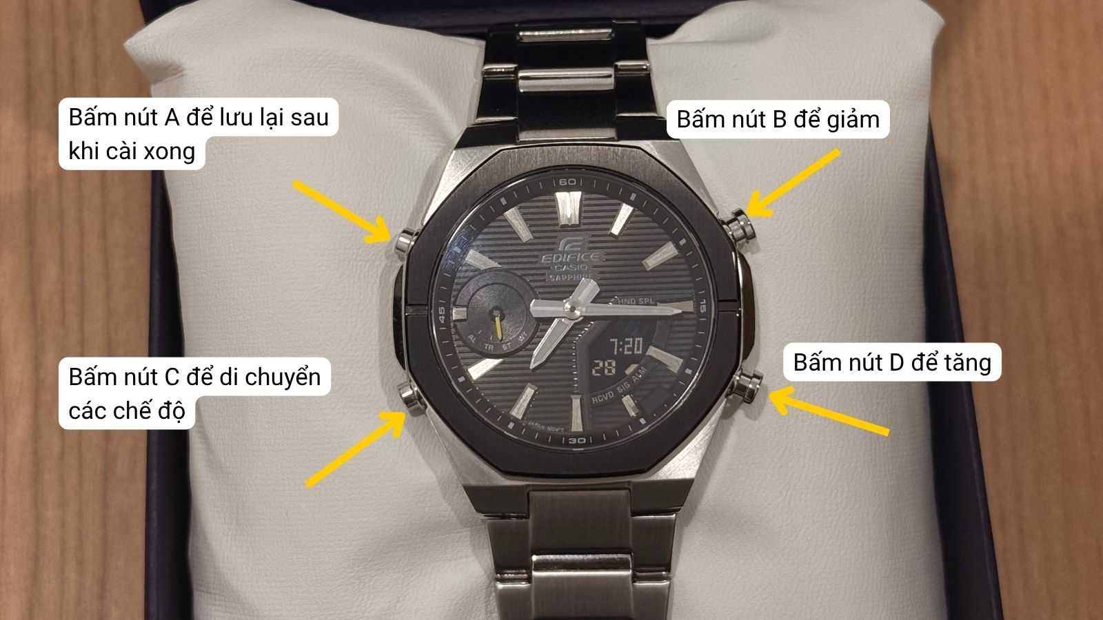 Lần lượt nhấn n&uacute;t C để chuyển chế độ. Bấm n&uacute;t B, D để điều chỉnh tăng/giảm 