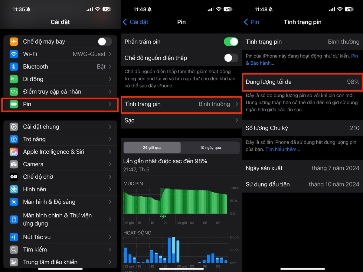 C&agrave;i đặt > Pin > T&igrave;nh trạng pin