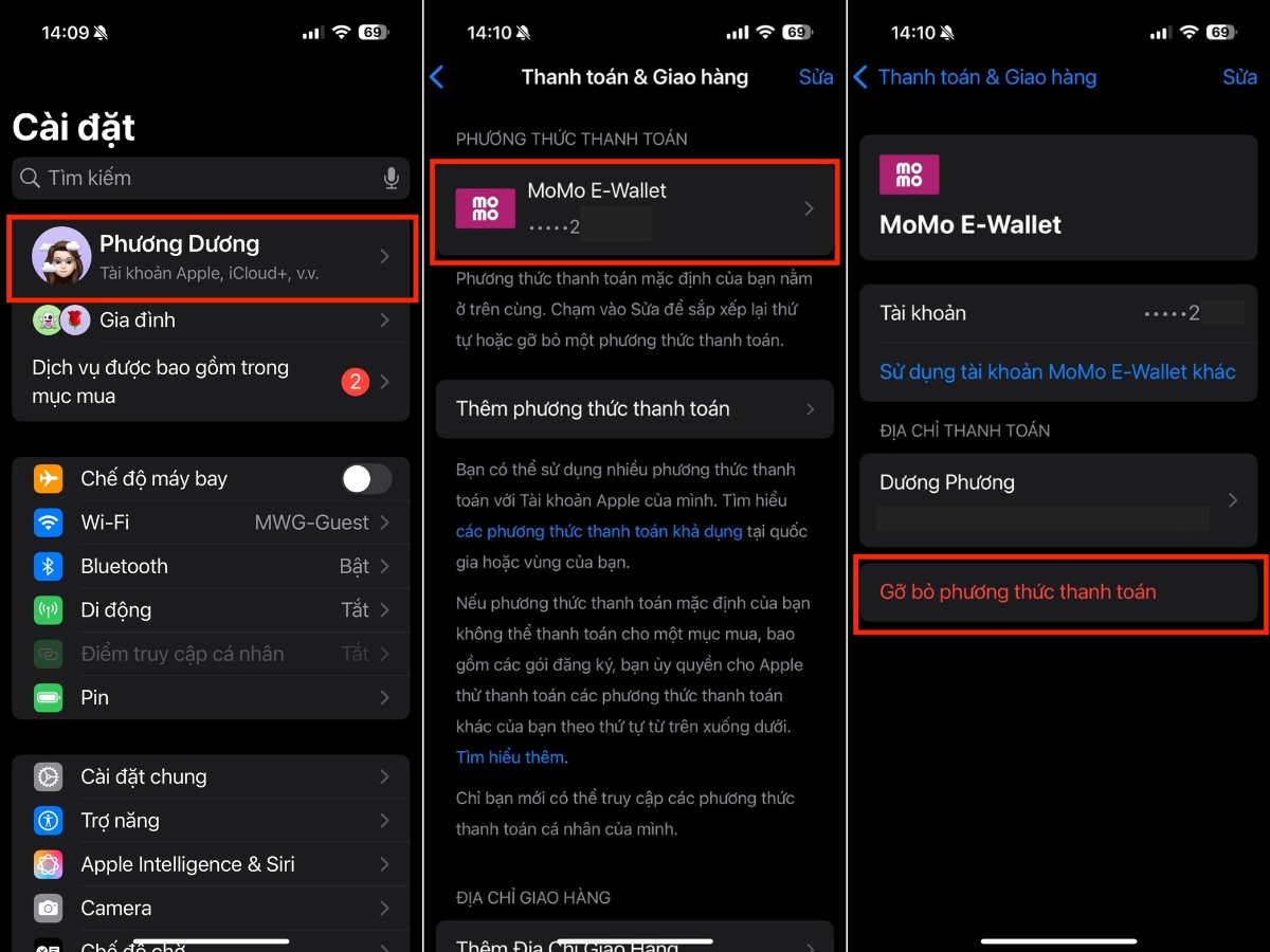 Nhấn Gỡ bỏ phương thức thanh to&aacute;n