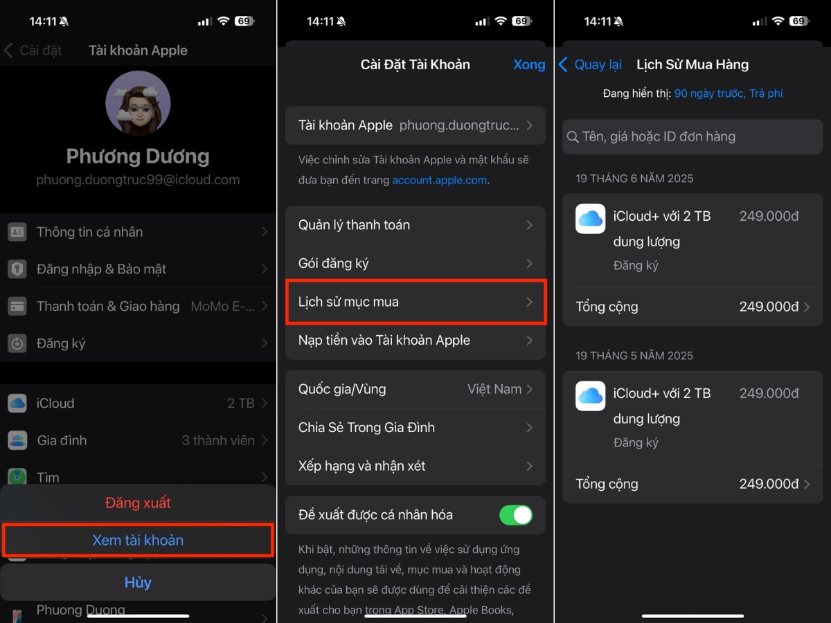 Xem t&agrave;i khoản > Lịch sử mục mua