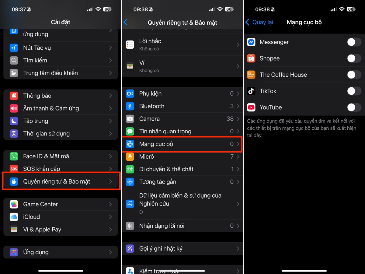 Cài đặt > Quyền riêng tư & Bảo mật > Mạng cục bộ Cài đặt > Quyền riêng tư & Bảo mật > Mạng cục bộ