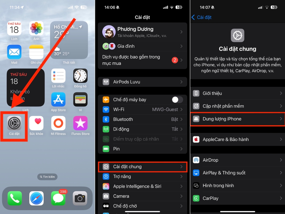 C&agrave;i đặt > C&agrave;i đặt chung > Dung lượng iPhone