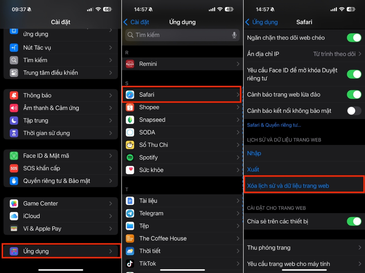 Ứng dụng > Safari > X&oacute;a lịch sử v&agrave; dữ liệu trang web