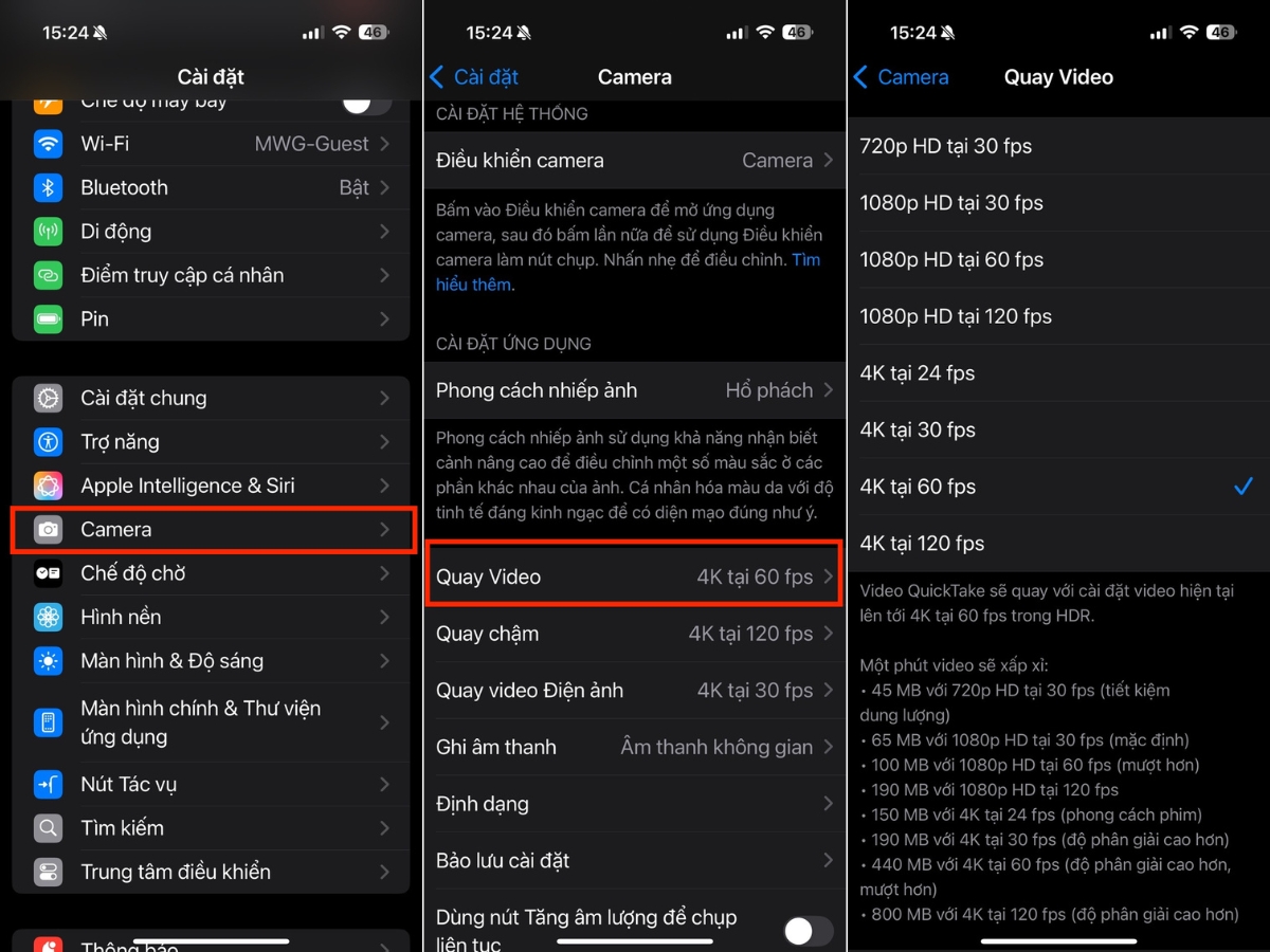 Chọn chuẩn quay video thấp hơn