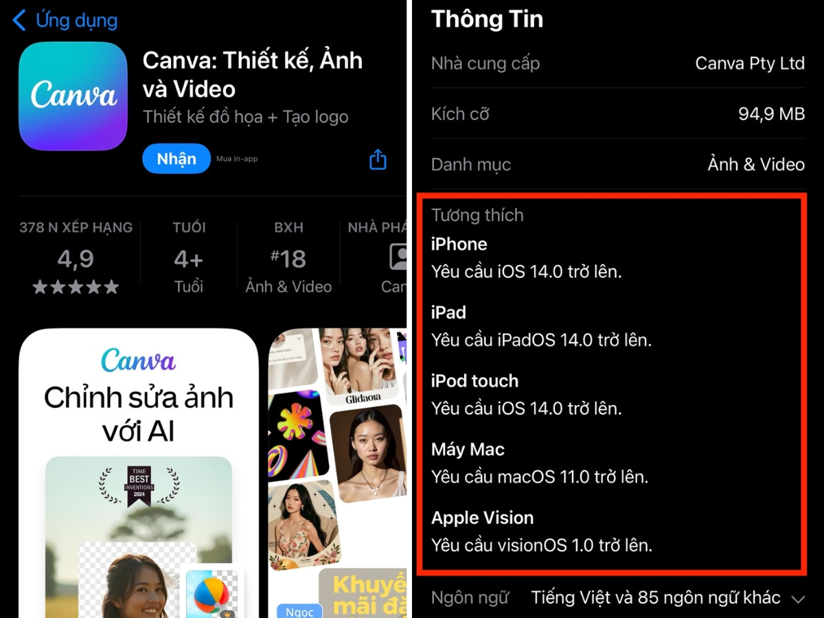 Th&ocirc;ng tin của ứng dụng > Tương th&iacute;ch
