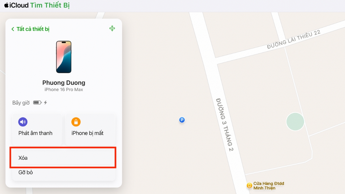 Chọn đúng iPhone bị khóa, nhấn Xóa Chọn đúng iPhone bị khóa, nhấn Xóa
