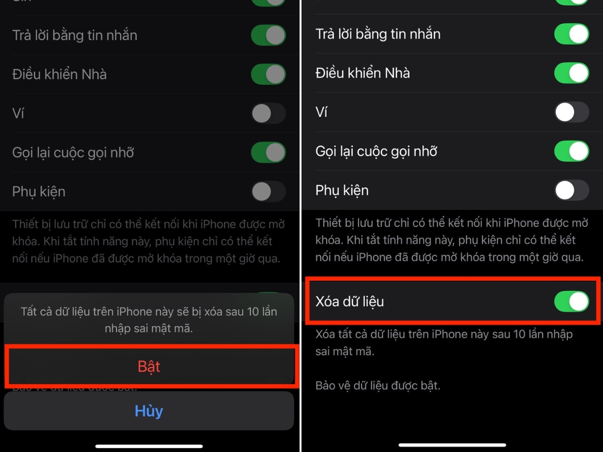 Gạt bật Xóa dữ liệu Gạt bật Xóa dữ liệu