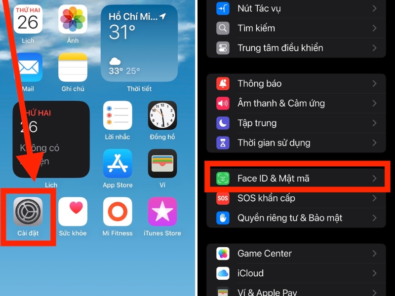 Chọn mục Face ID & Mật m&atilde;