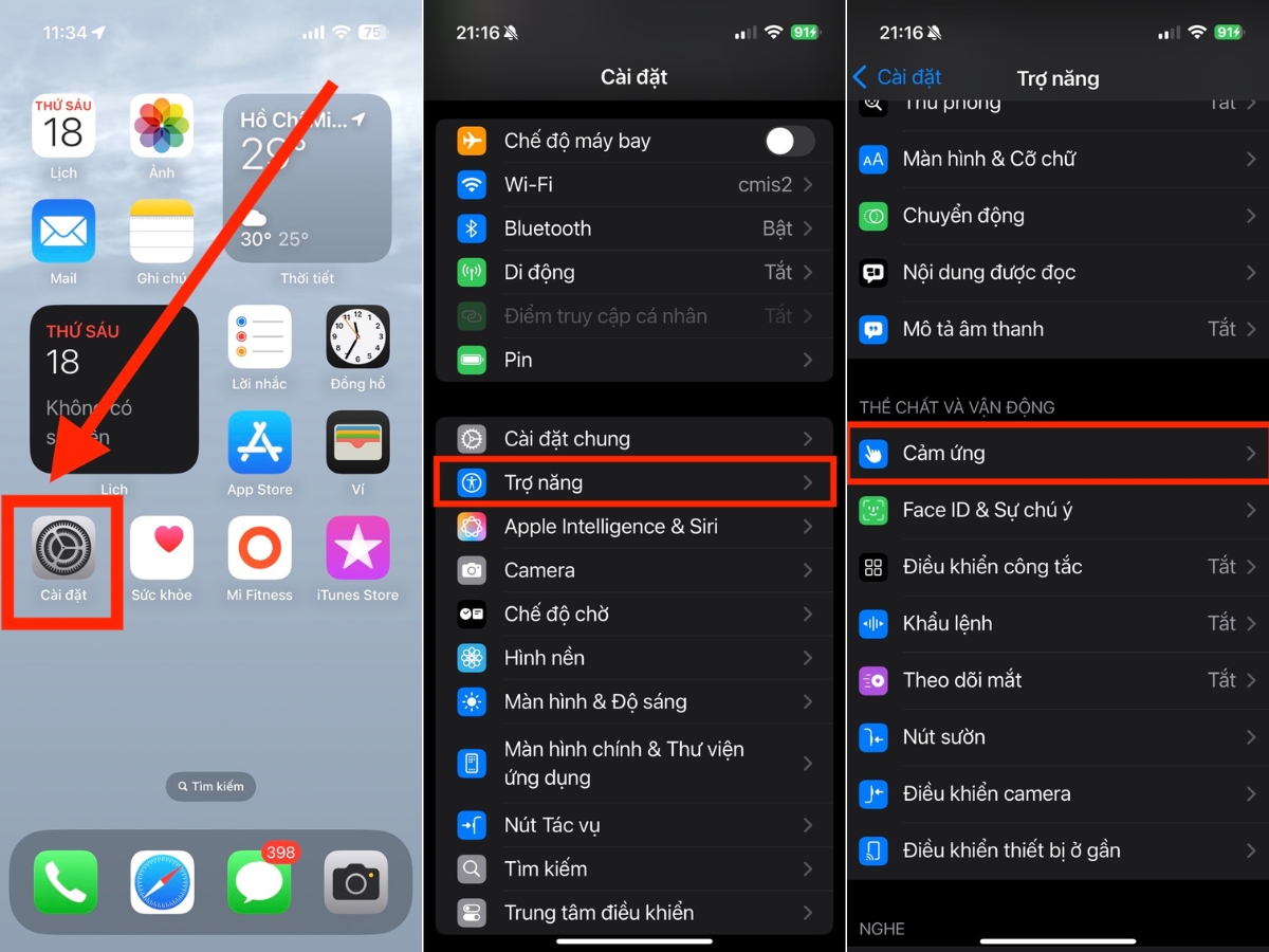 C&agrave;i đặt > Trợ năng > Cảm ứng