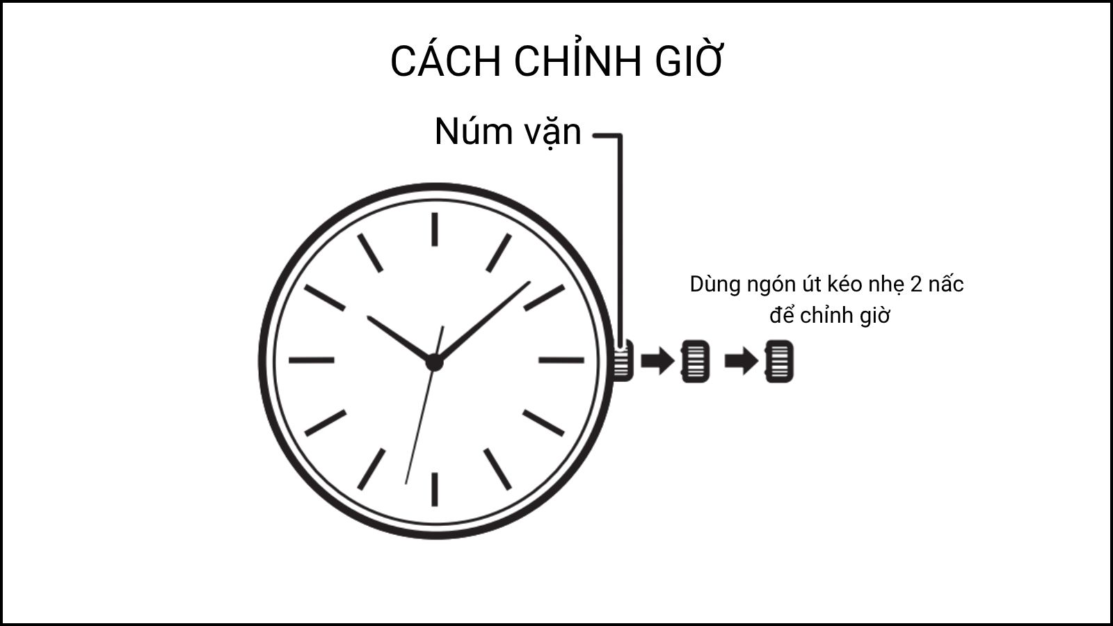 K&eacute;o 2 n&uacute;t để chỉnh giờ, vặn n&uacute;m theo chiều kim đồng hồ