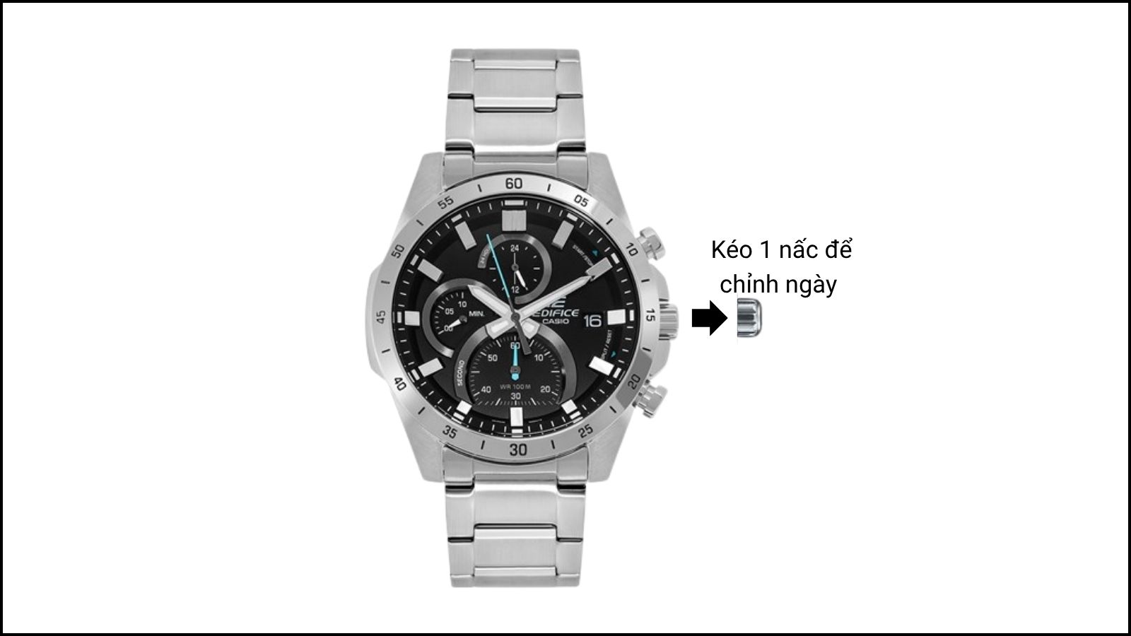 Sau khi k&eacute;o 1 nấc, h&atilde;y xoay n&uacute;m vặn theo chiều kim đồng hồ để chỉnh ng&agrave;y