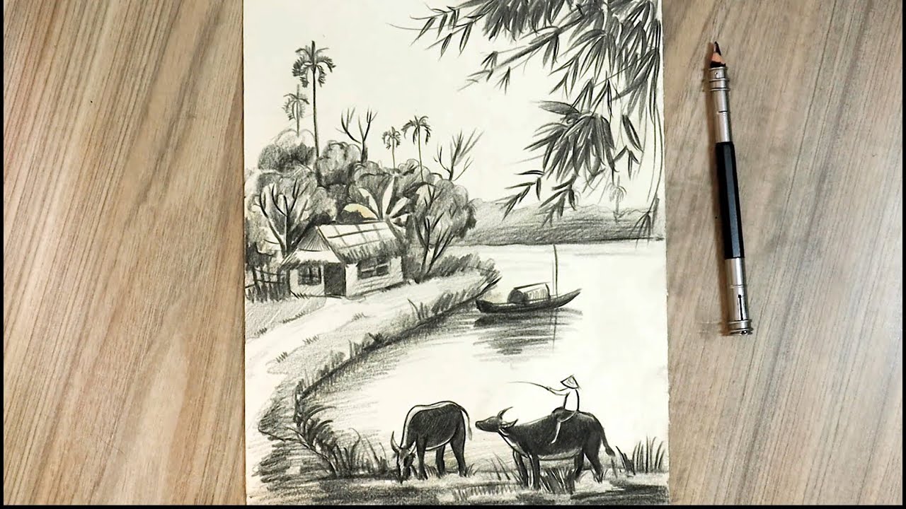 Mẫu 15: Vẽ tranh quê hương trắng đen