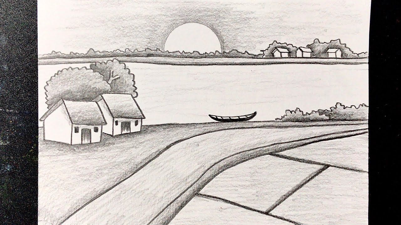 Mẫu 16: Vẽ tranh quê hương trắng đen