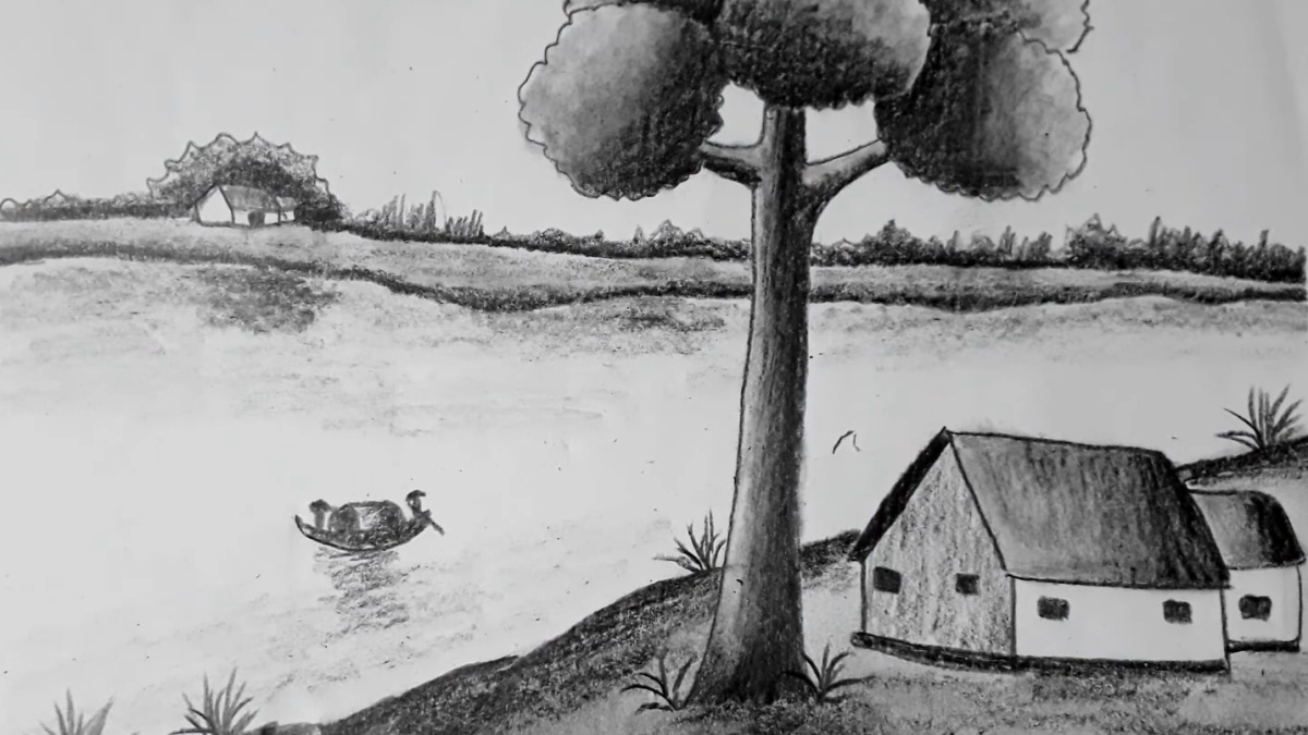 mẫu1: Vẽ phong cảnh quê hương trắng đen