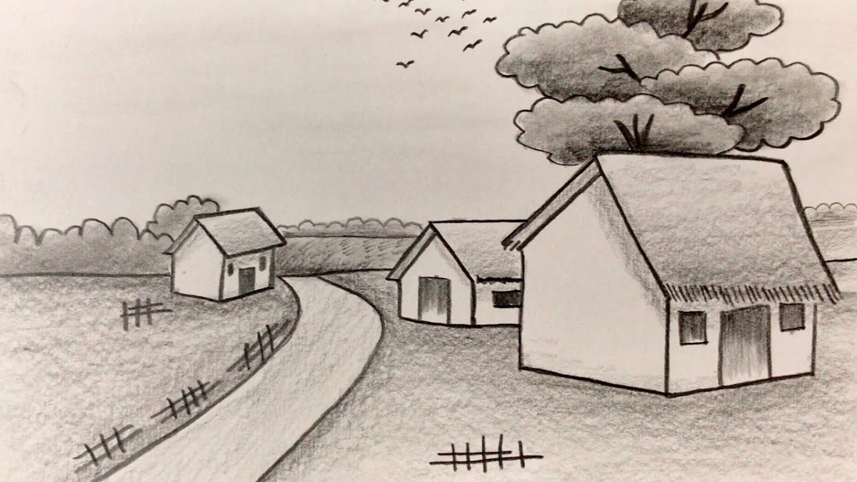 Mẫu 3: Vẽ phong cảnh quê hương trắng đen