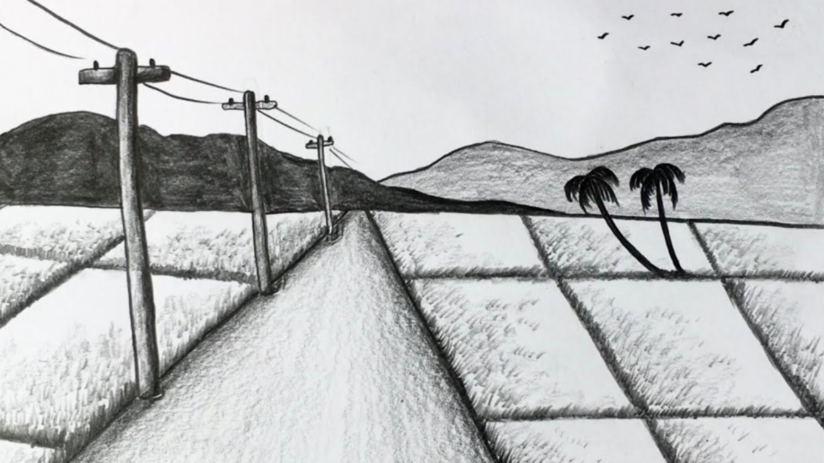 Mẫu 4: Vẽ phong cảnh quê hương trắng đen