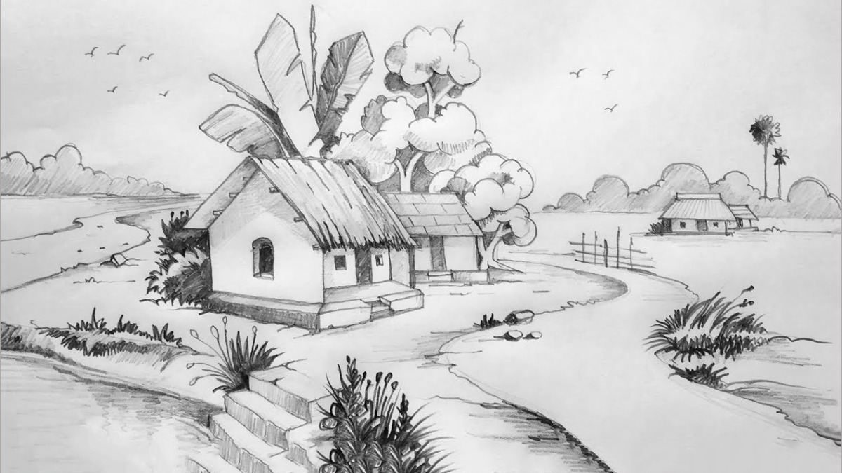 Mẫu 7: Vẽ phong cảnh quê hương trắng đen