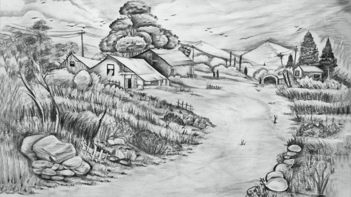 Mẫu 8: Vẽ phong cảnh quê hương trắng đen