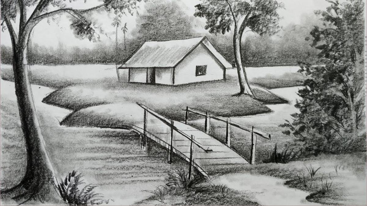 Mẫu 9: Vẽ phong cảnh quê hương trắng đen