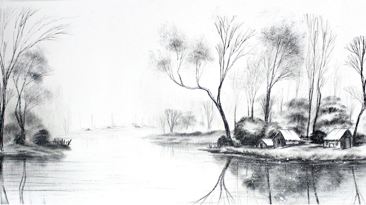 Mẫu 10: Vẽ phong cảnh quê hương trắng đen