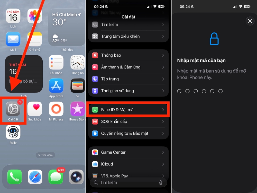 C&agrave;i đặt > Chọn Face ID & Mật m&atilde;