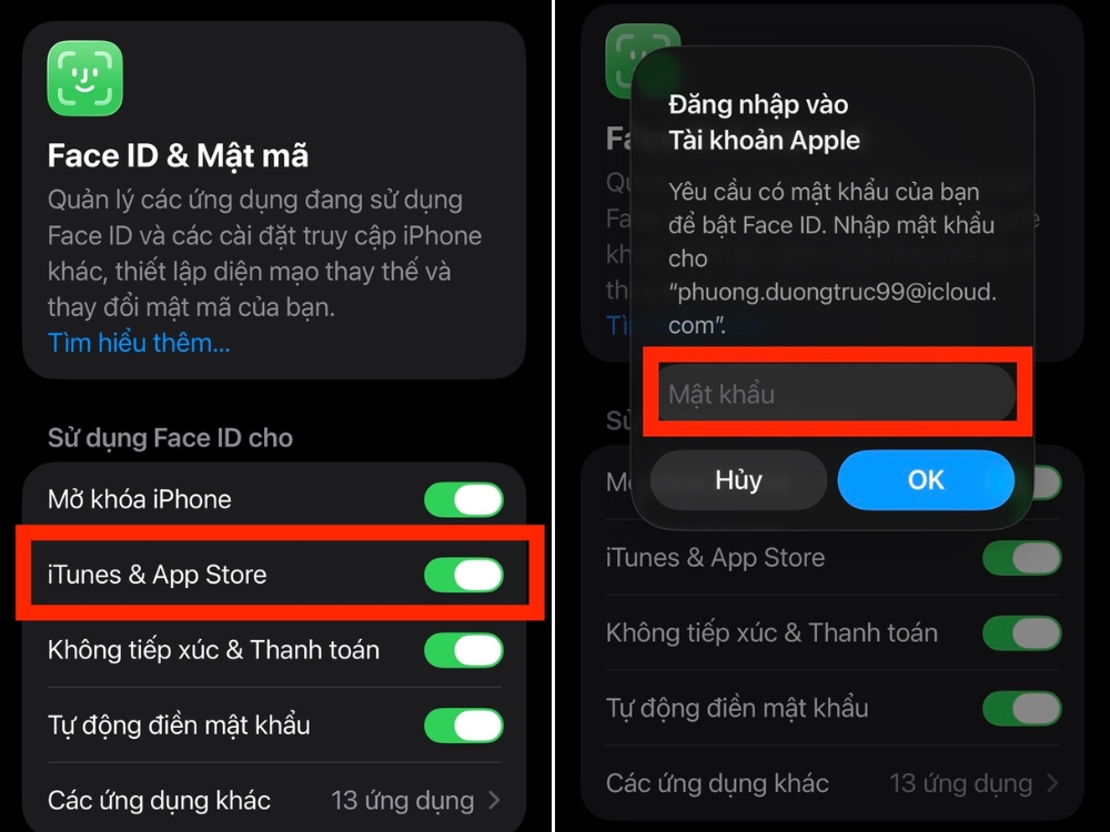 Gạt bật mục iTunes & App Store