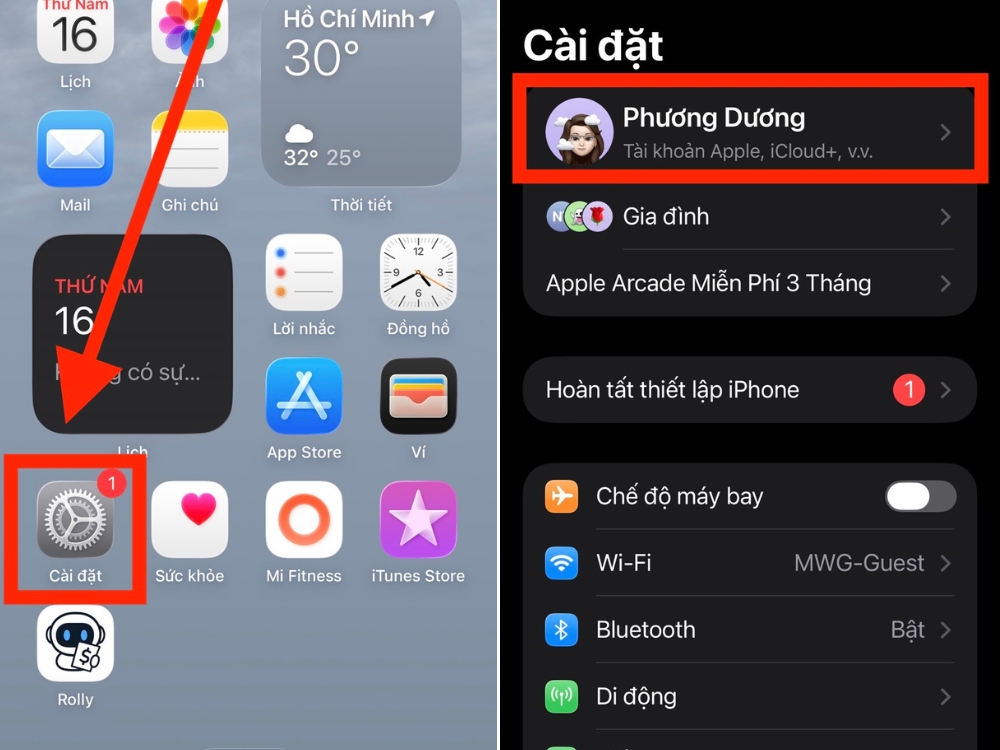 Mở C&agrave;i đặt > Nhấn v&agrave;o t&ecirc;n ID Apple