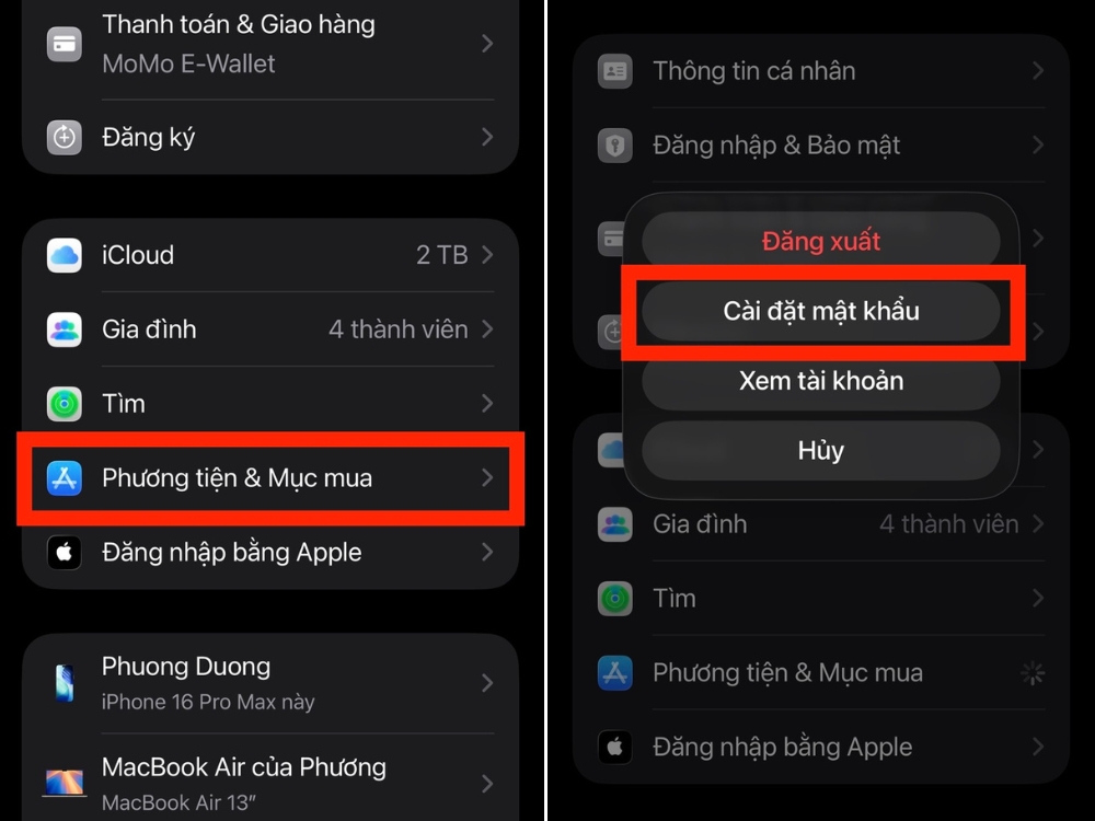 Phương tiện & Mục mua > Chọn C&agrave;i đặt mật khẩu
