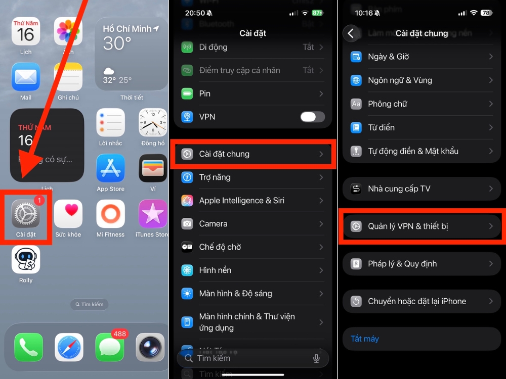 C&agrave;i đặt > C&agrave;i đặt chung > Quản l&yacute; VPN & Thiết bị