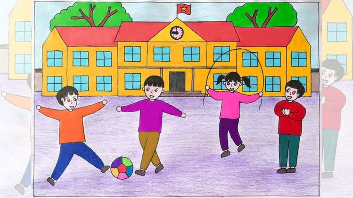 Tranh mẫu 2: Vẽ trường học đơn giản