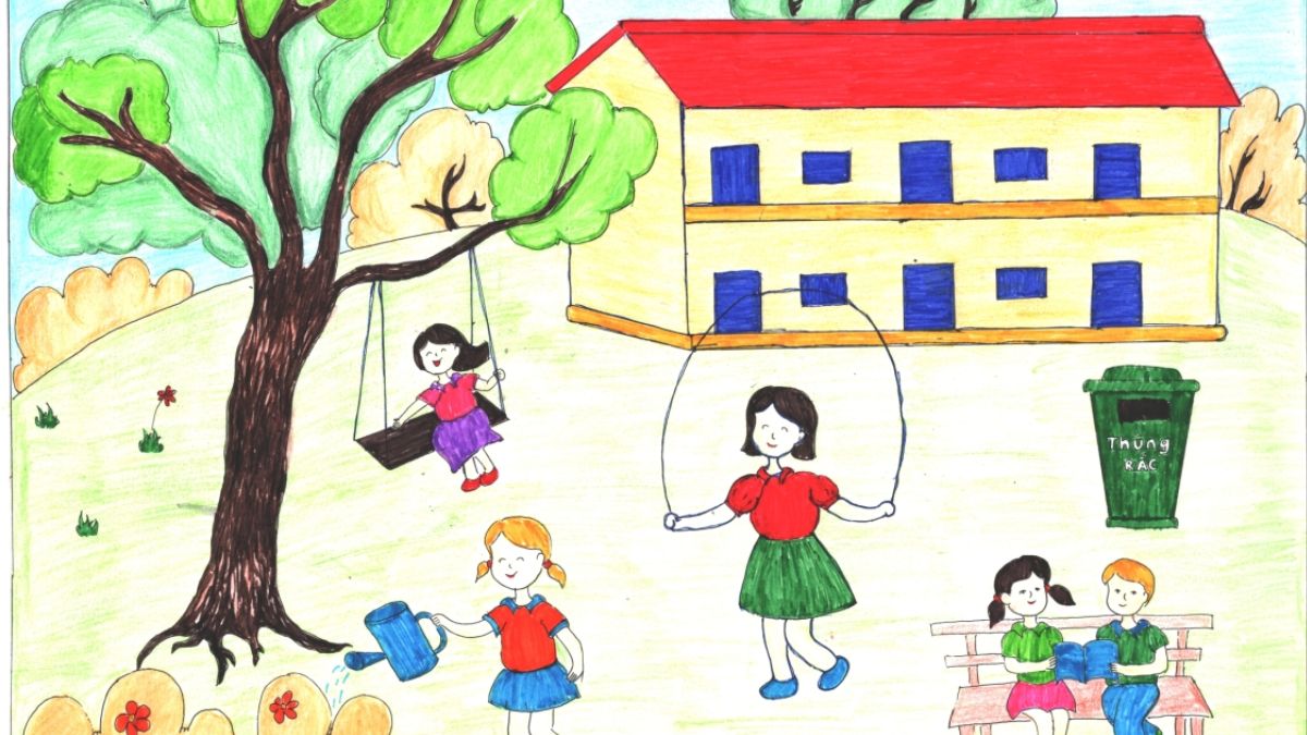 Tranh mẫu 3: Vẽ trường học đơn giản