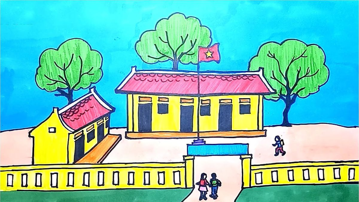 Tranh mẫu 5: Vẽ trường học đơn giản