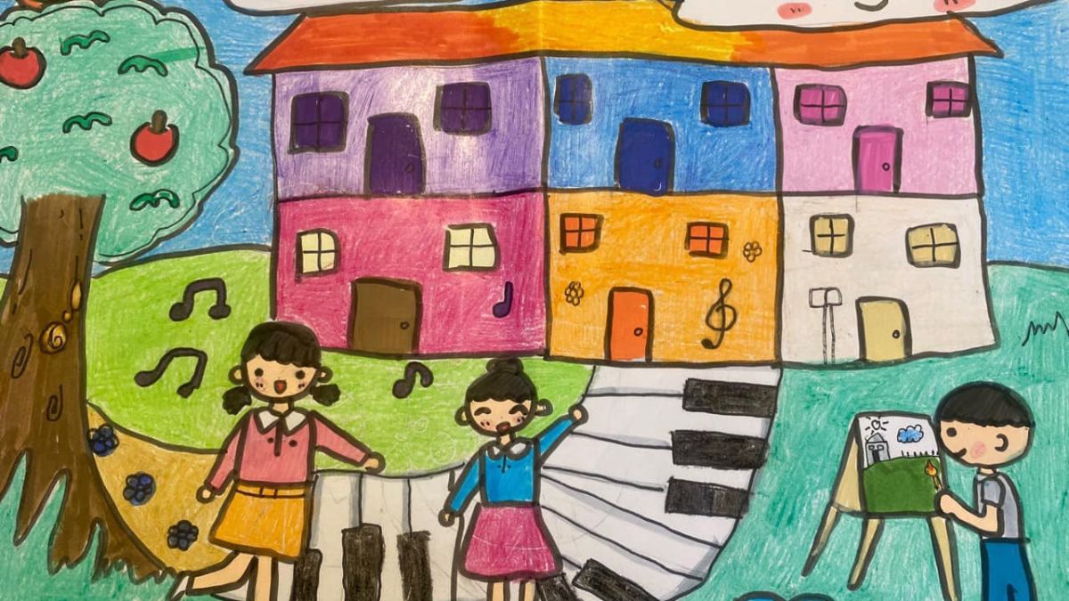 Tranh mẫu 6: Vẽ trường học đơn giản